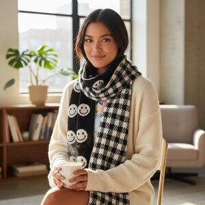 Don’t Smile At Me Reversible Black White Smiley Face Checkered Scarf Soft Cozy